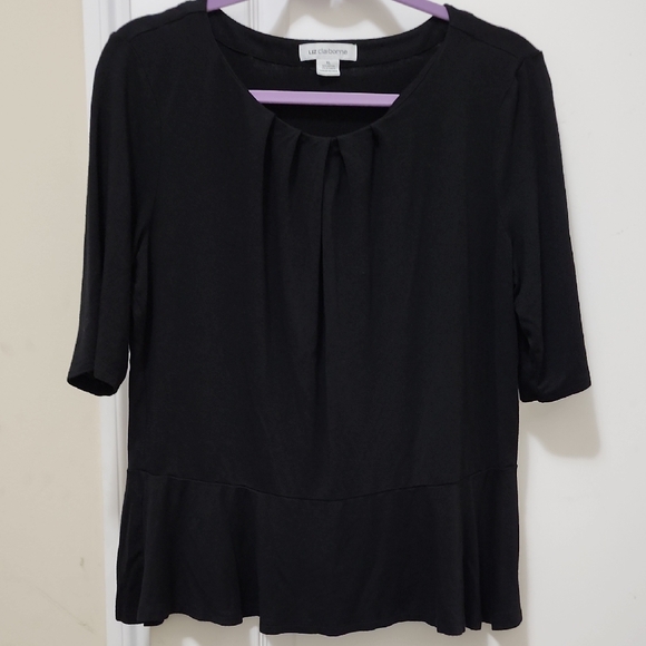 LIZ CLAIBORNE Elbow Sleeve Dressy Black Women's Top With Peplum Size XL - Picture 1 of 8